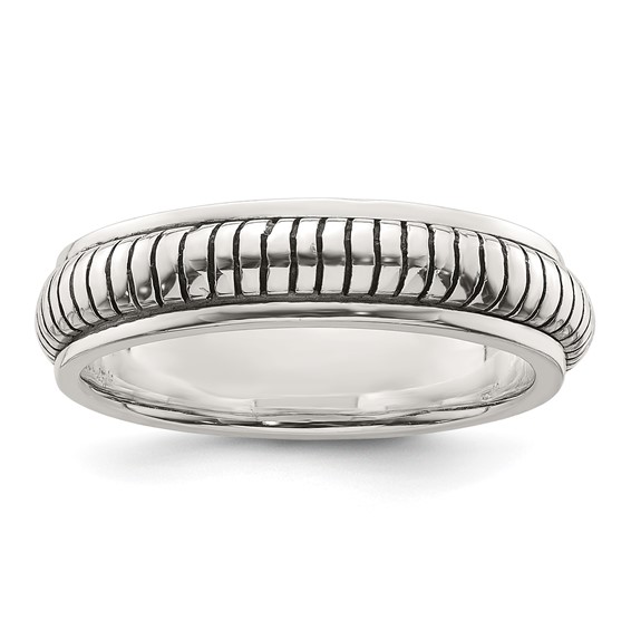 Sterling Silver Polished Oxidized Half Round Patterned Men's Ring
