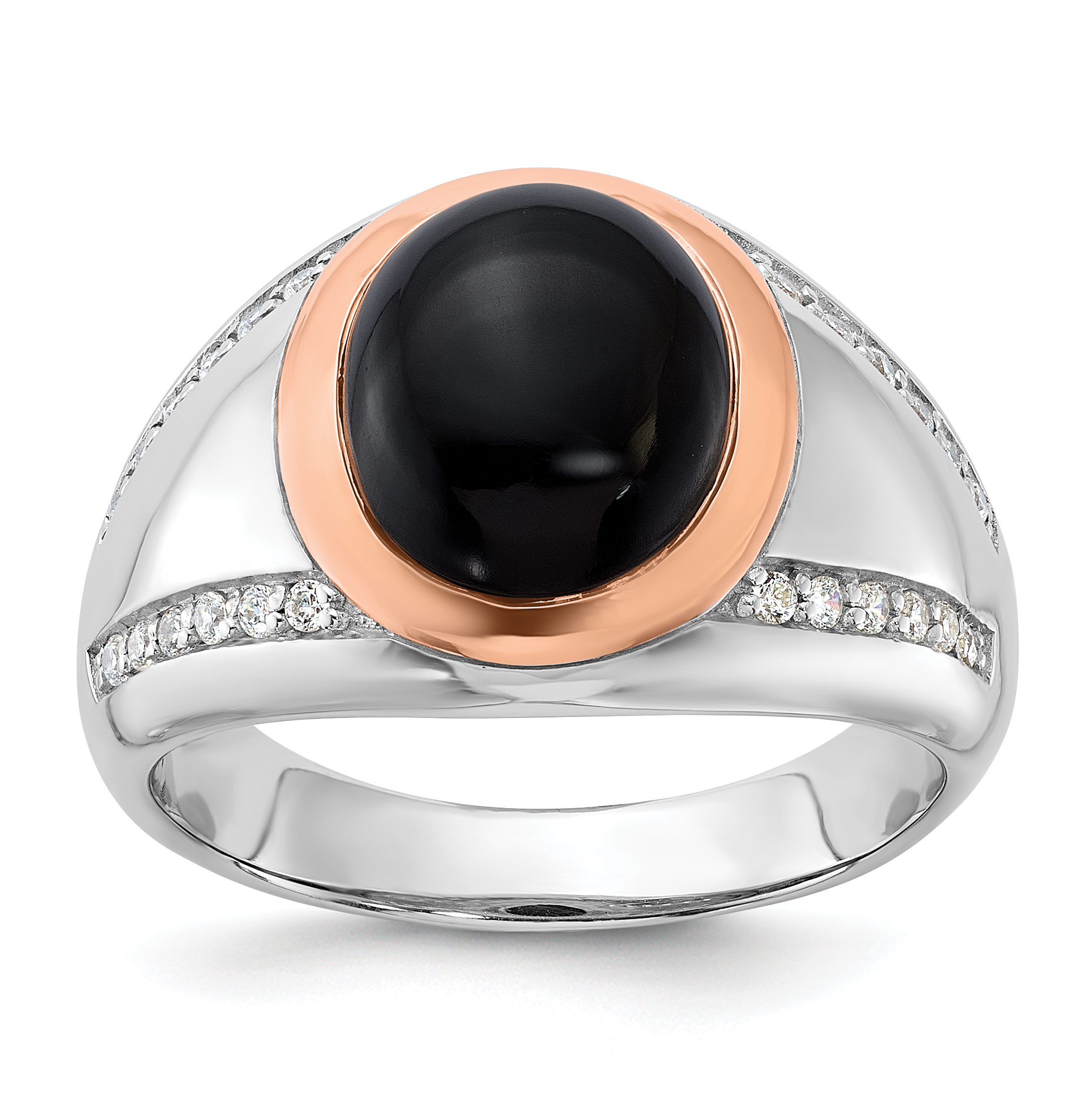 Sterling Silver RH-plated Rose Gold-plated Onyx and CZ Ring (QR7631-10)