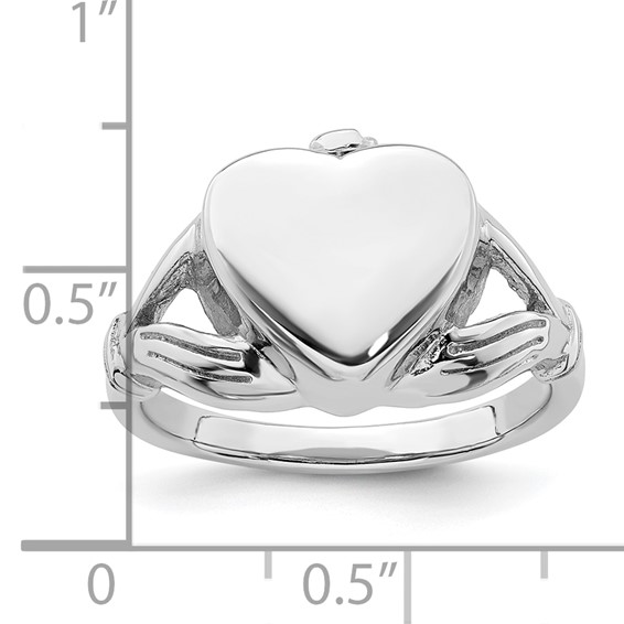 Sterling Silver Rhodium-plated Polished Claddagh Heart Ash Holder Size 7 Ring