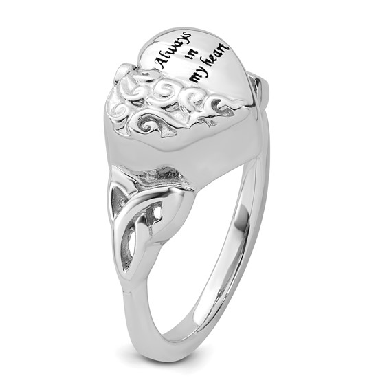 Sterling Silver Rhod-plated Enameled Celtic Knot Heart ALWAYS IN MY HEART Ash Holder Size 6 Ring