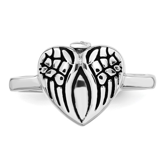 Sterling Silver Rhodium-plated Enameled Heart With Wings FOREVER IN MY HEART (Inside) Ash Holder Size 6 Ring