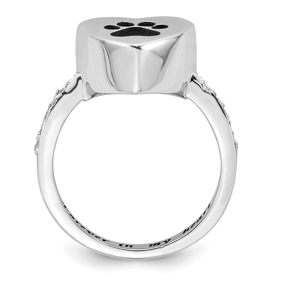 Sterling Silver Rhodium-plated CZ Shank Heart Enameled Paw Print FOREVER IN MY HEART (Inside) Ash Holder Size 6 Ring
