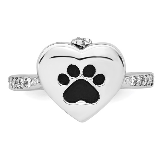 Sterling Silver Rhodium-plated CZ Shank Heart Enameled Paw Print FOREVER IN MY HEART (Inside) Ash Holder Size 6 Ring
