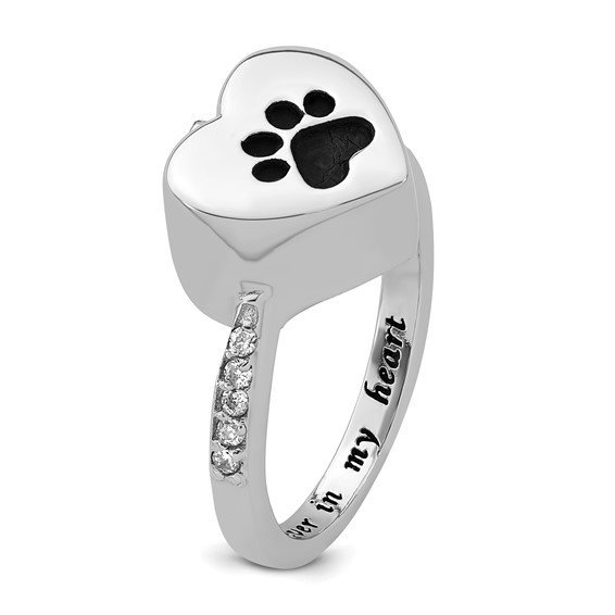 Sterling Silver Rhodium-plated CZ Shank Heart Enameled Paw Print FOREVER IN MY HEART (Inside) Ash Holder Size 6 Ring