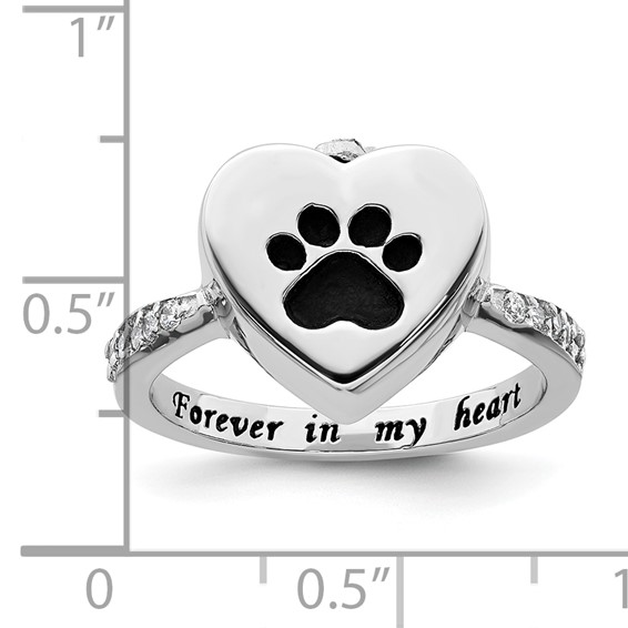 Sterling Silver Rhodium-plated CZ Shank Heart Enameled Paw Print FOREVER IN MY HEART (Inside) Ash Holder Size 6 Ring
