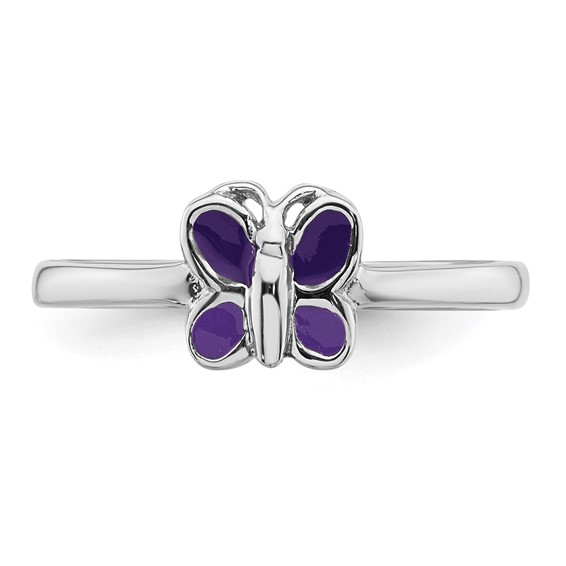 Sterling Silver Rhodium-plated Children's Size 3 Purple Enamel Butterfly Ring