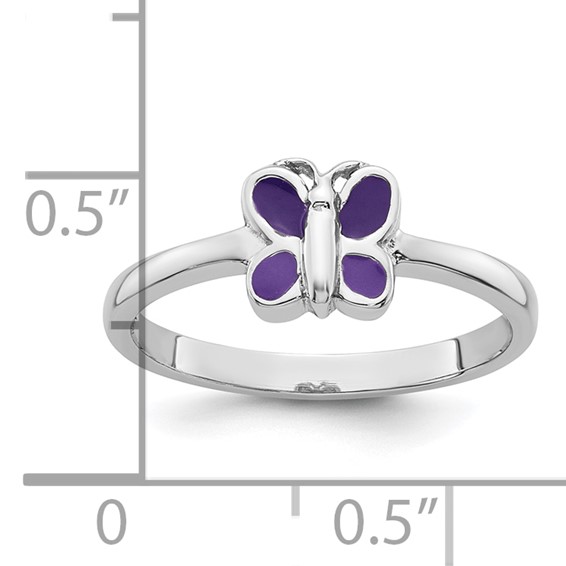 Sterling Silver Rhodium-plated Children's Size 3 Purple Enamel Butterfly Ring