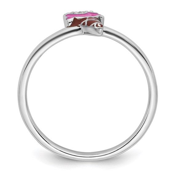 Sterling Silver Rhodium-plated Children's Size 3 Pink and Brown Enamel with CZ Ice Cream Cone Ring