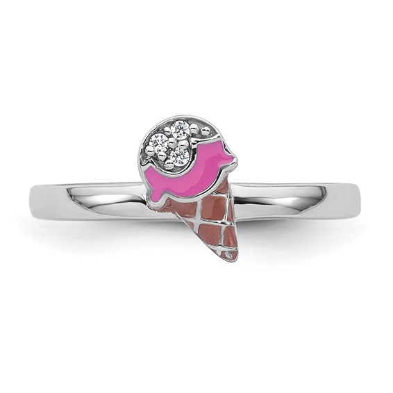 Sterling Silver Rhodium-plated Children's Size 3 Pink and Brown Enamel with CZ Ice Cream Cone Ring