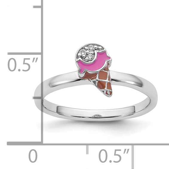 Sterling Silver Rhodium-plated Children's Size 3 Pink and Brown Enamel with CZ Ice Cream Cone Ring
