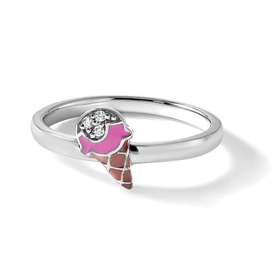 Sterling Silver Rhodium-plated Children's Size 3 Pink and Brown Enamel with CZ Ice Cream Cone Ring