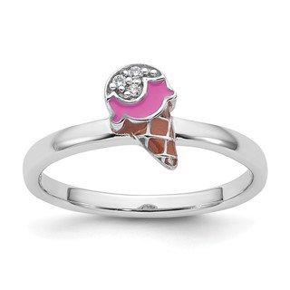 Sterling Silver Rhodium-plated Children's Size 3 Pink and Brown Enamel with CZ Ice Cream Cone Ring