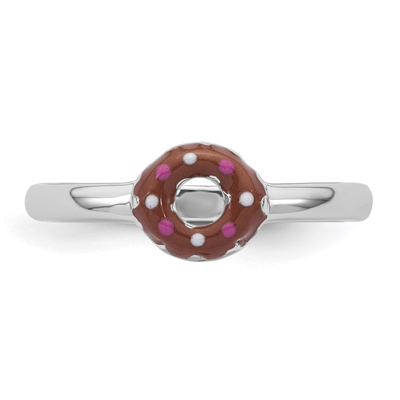 Sterling Silver Rhodium-plated Children's Size 3 Brown with Pink and White Enamel Sprinkled Donut Ring