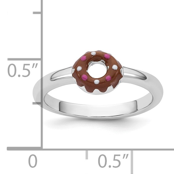 Sterling Silver Rhodium-plated Children's Size 3 Brown with Pink and White Enamel Sprinkled Donut Ring
