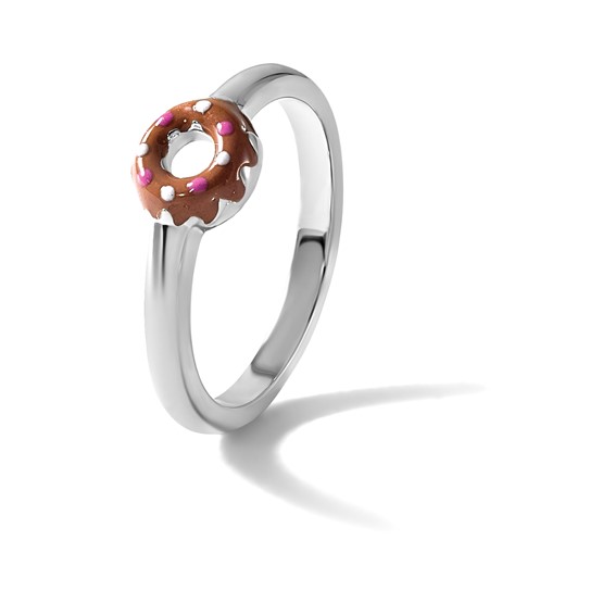 Sterling Silver Rhodium-plated Children's Size 3 Brown with Pink and White Enamel Sprinkled Donut Ring