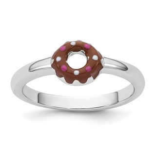 Sterling Silver Rhodium-plated Children's Size 3 Brown with Pink and White Enamel Sprinkled Donut Ring