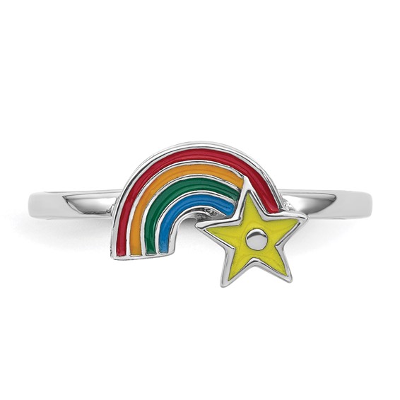 Sterling Silver Rhodium-plated Children's Size 3 Multicolored Enameled Rainbow with Star Ring