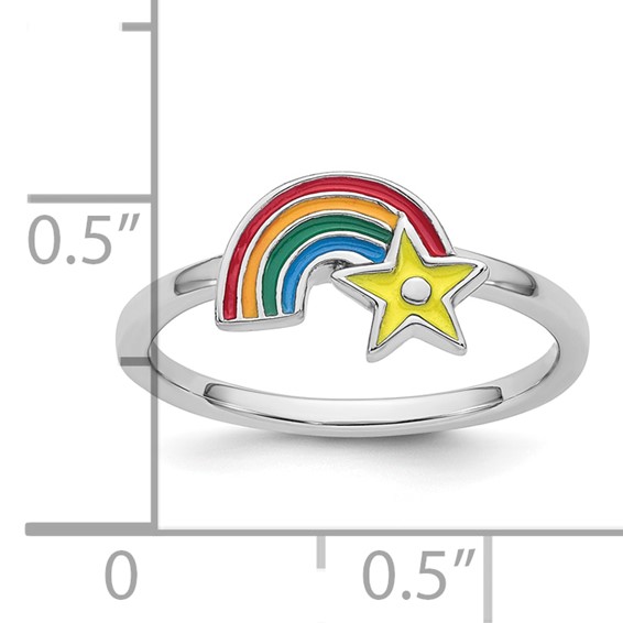 Sterling Silver Rhodium-plated Children's Size 3 Multicolored Enameled Rainbow with Star Ring