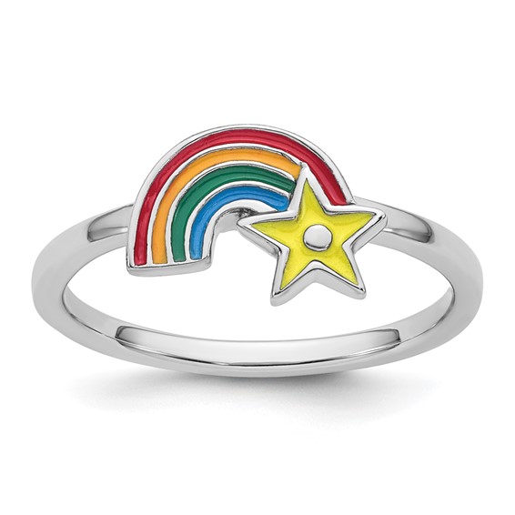 Sterling Silver Rhodium-plated Children's Size 3 Multicolored Enameled Rainbow with Star Ring