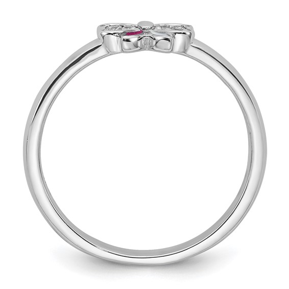 Sterling Silver Rhodium-plated Children's Size 3 Pink CZ with Pink and White Enamel Bow Ring