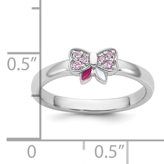 Sterling Silver Rhodium-plated Children's Size 3 Pink CZ with Pink and White Enamel Bow Ring