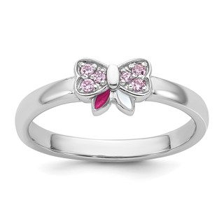 Sterling Silver Rhodium-plated Children's Size 3 Pink CZ with Pink and White Enamel Bow Ring