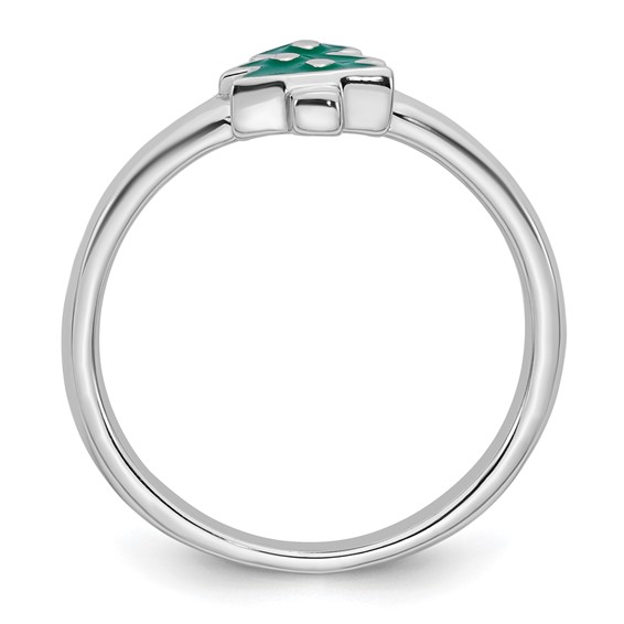 Sterling Silver Rhodium-plated Children's Size 3 Green Enamel Christmas Tree with Hearts Ring