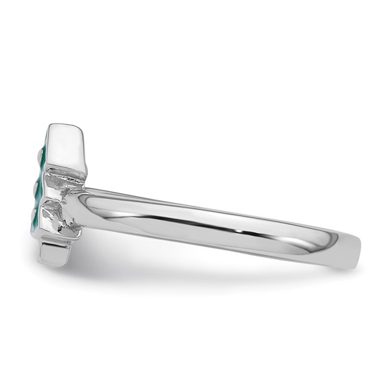 Sterling Silver Rhodium-plated Children's Size 3 Green Enamel Christmas Tree with Hearts Ring