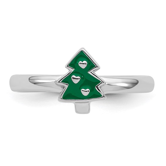 Sterling Silver Rhodium-plated Children's Size 3 Green Enamel Christmas Tree with Hearts Ring