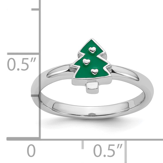 Sterling Silver Rhodium-plated Children's Size 3 Green Enamel Christmas Tree with Hearts Ring