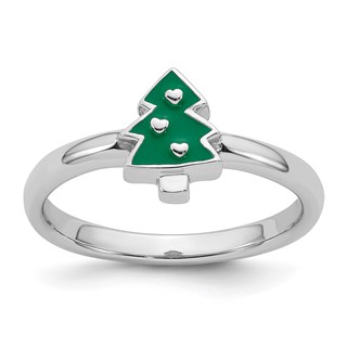 Sterling Silver Rhodium-plated Children's Size 3 Green Enamel Christmas Tree with Hearts Ring