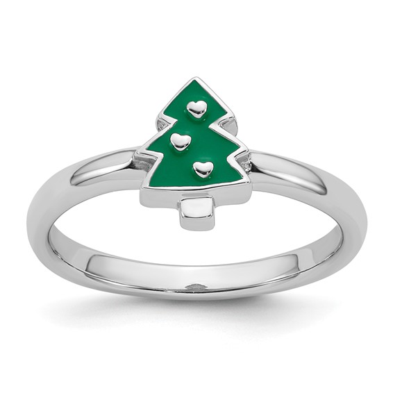 Sterling Silver Rhodium-plated Children's Size 3 Green Enamel Christmas Tree with Hearts Ring