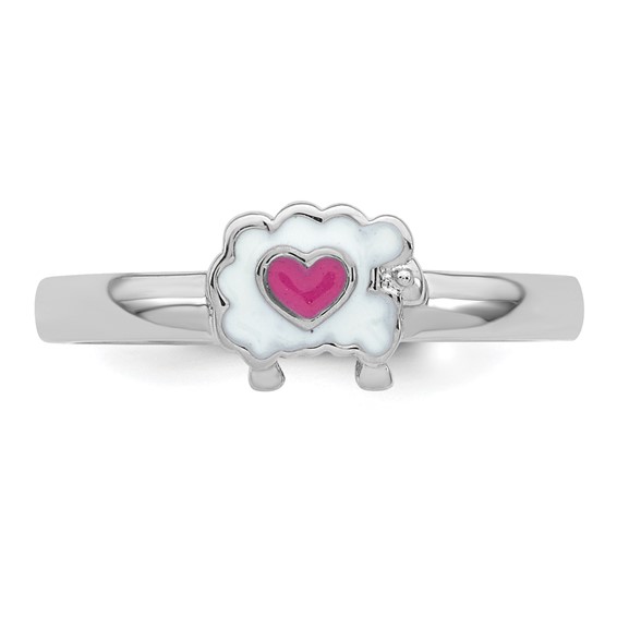 Sterling Silver Rhodium-plated Children's Size 3 White and Pink Enamel Sheep with Heart Ring