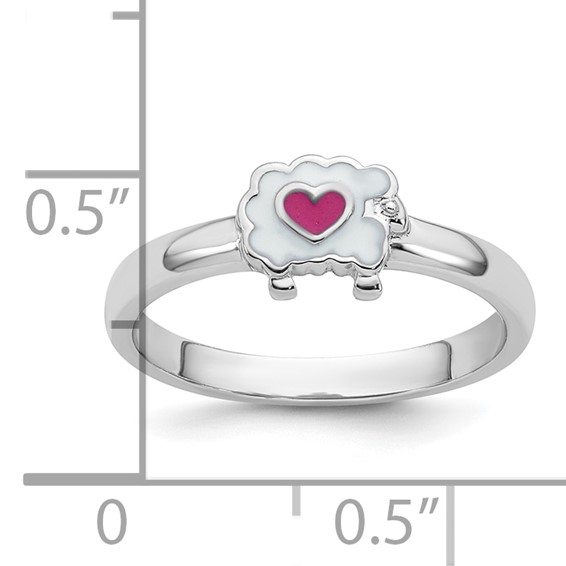 Sterling Silver Rhodium-plated Children's Size 3 White and Pink Enamel Sheep with Heart Ring