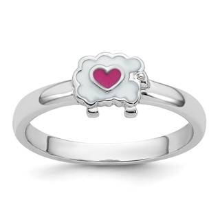 Sterling Silver Rhodium-plated Children's Size 3 White and Pink Enamel Sheep with Heart Ring