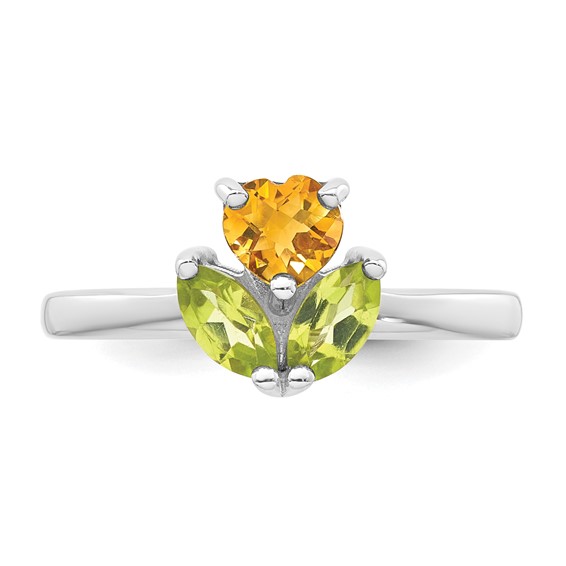 Sterling Silver Rhodium-plated Polished Heart Citrine and Peridot Flower Ring