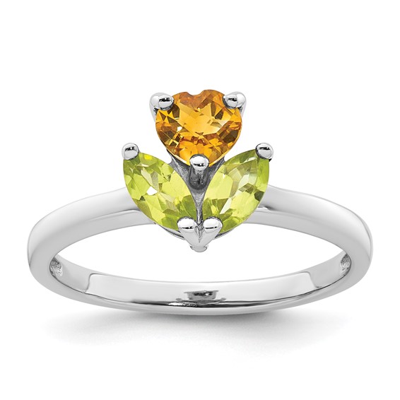 Sterling Silver Rhodium-plated Polished Heart Citrine and Peridot Flower Ring