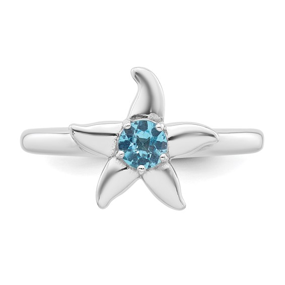 Sterling Silver Rhodium-plated Polished Round Light Swiss Blue Topaz Starfish Ring
