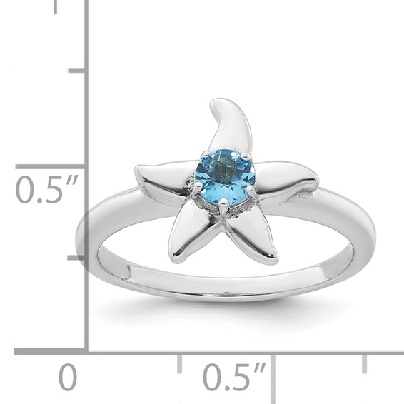 Sterling Silver Rhodium-plated Polished Round Light Swiss Blue Topaz Starfish Ring