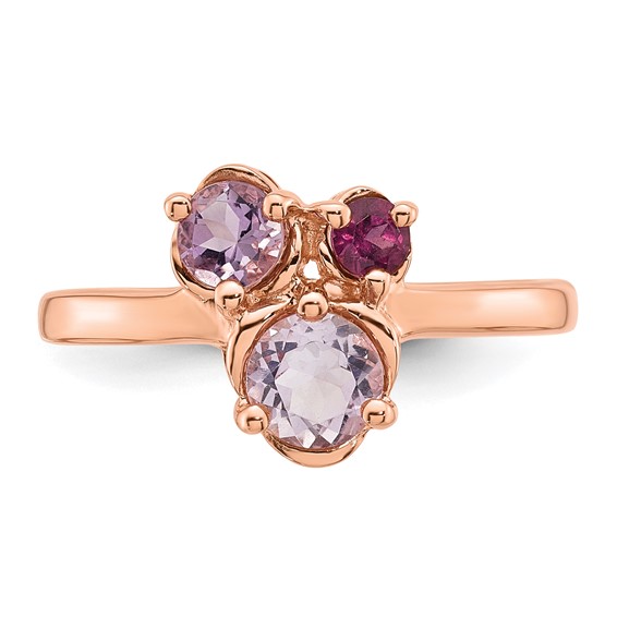 "Sterling Silver Rose Gold-plated Polished Round Amethyst, Pink Quartz and Rhodolite Garnet Size 6 Ring"