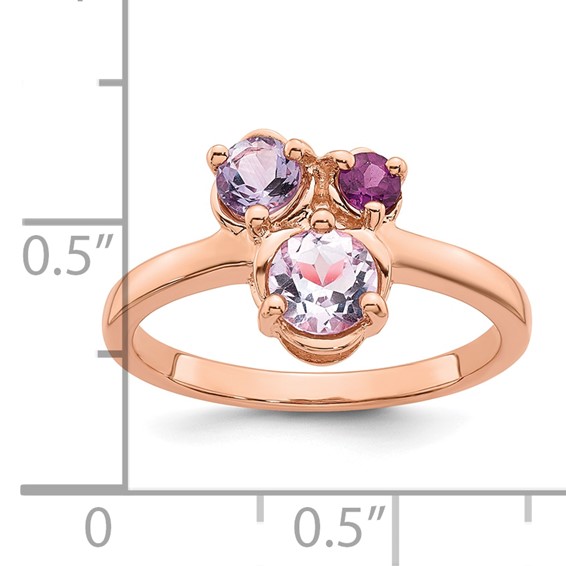 "Sterling Silver Rose Gold-plated Polished Round Amethyst, Pink Quartz and Rhodolite Garnet Size 6 Ring"