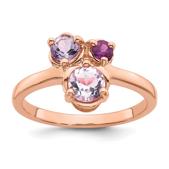 "Sterling Silver Rose Gold-plated Polished Round Amethyst, Pink Quartz and Rhodolite Garnet Size 6 Ring"