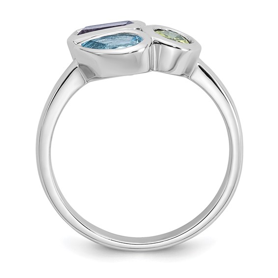 "Sterling Silver Rhodium-plated Polished Pear Blue Topaz, Oval Peridot and Emerald-cut Amethyst Size 8 Ring"