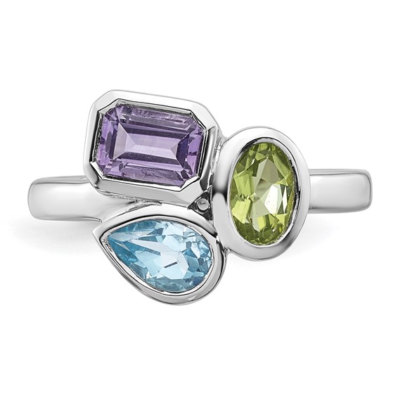 "Sterling Silver Rhodium-plated Polished Pear Blue Topaz, Oval Peridot and Emerald-cut Amethyst Size 8 Ring"