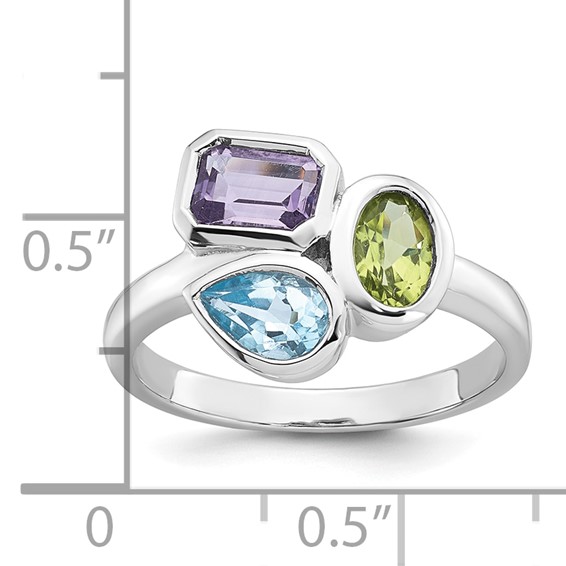 "Sterling Silver Rhodium-plated Polished Pear Blue Topaz, Oval Peridot and Emerald-cut Amethyst Size 8 Ring"
