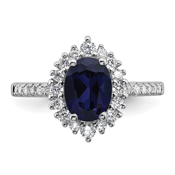 Sterling Silver Rhodium-plated Polished Lab Created Sapphire and CZ Oval Halo Size 6 Ring