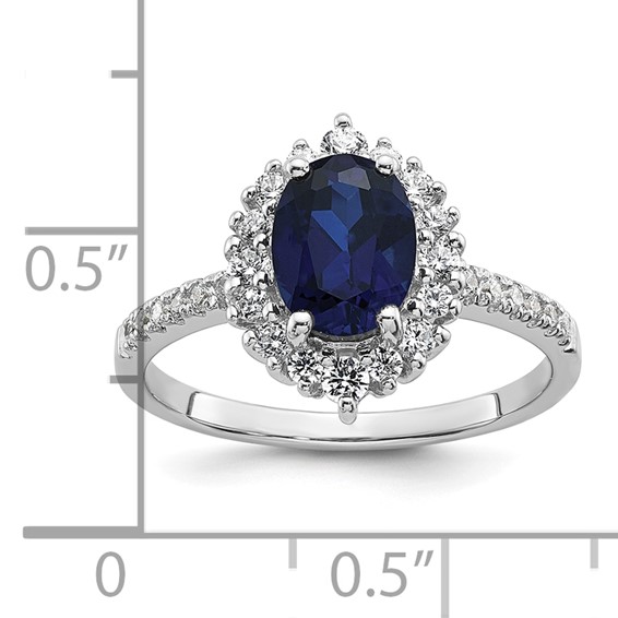 Sterling Silver Rhodium-plated Polished Lab Created Sapphire and CZ Oval Halo Size 6 Ring
