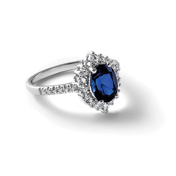 Sterling Silver Rhodium-plated Polished Lab Created Sapphire and CZ Oval Halo Size 6 Ring
