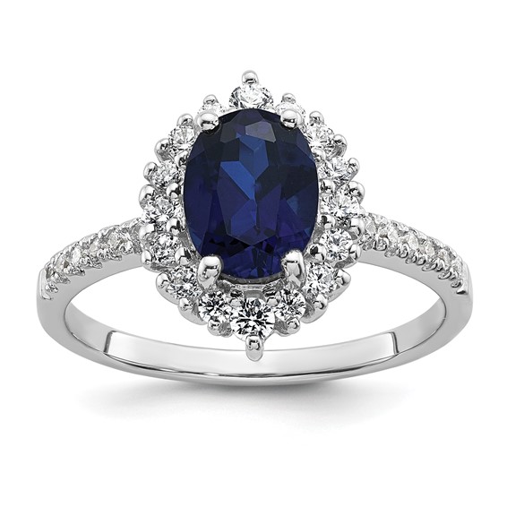 Sterling Silver Rhodium-plated Polished Lab Created Sapphire and CZ Oval Halo Size 6 Ring