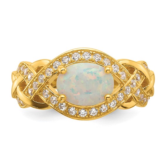 Sterling Silver Gold-tone Polished CZ and Lab Created Opal Size 7 Twisted Ring